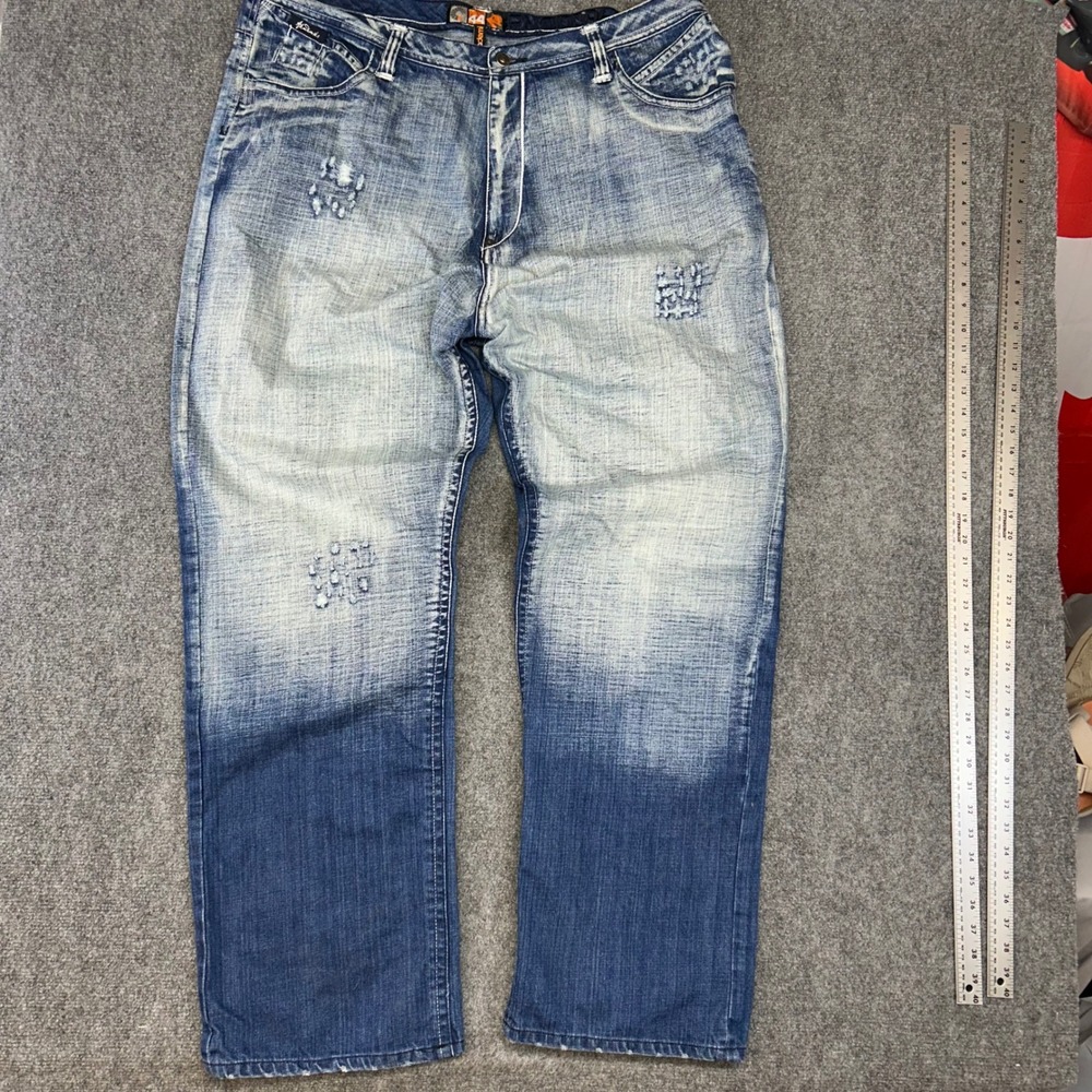 Akademiks Jeanius Baggy Distressed Jeans Mens 44 Heavy Wash Y2K Streetwear Blue